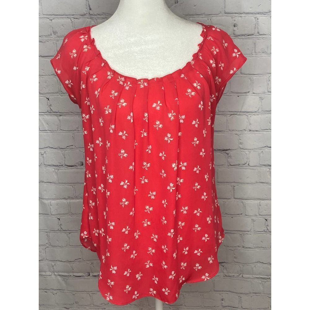 Lauren Conrad Size S Pink/Red 100% Polyester Blouse with Bow Pattern 